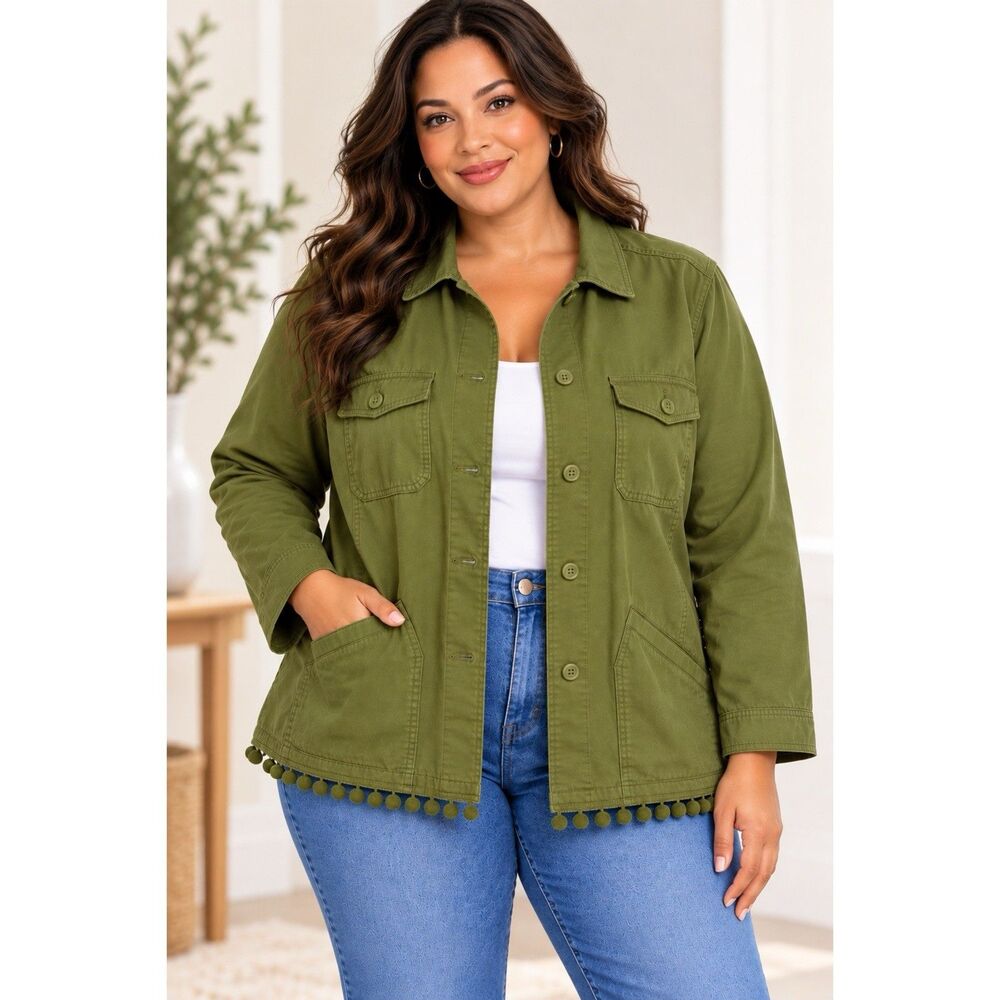 Talbots Pom Pom Twill Safari Jacket Green Women 2XP Cotton Boho Granola Girl